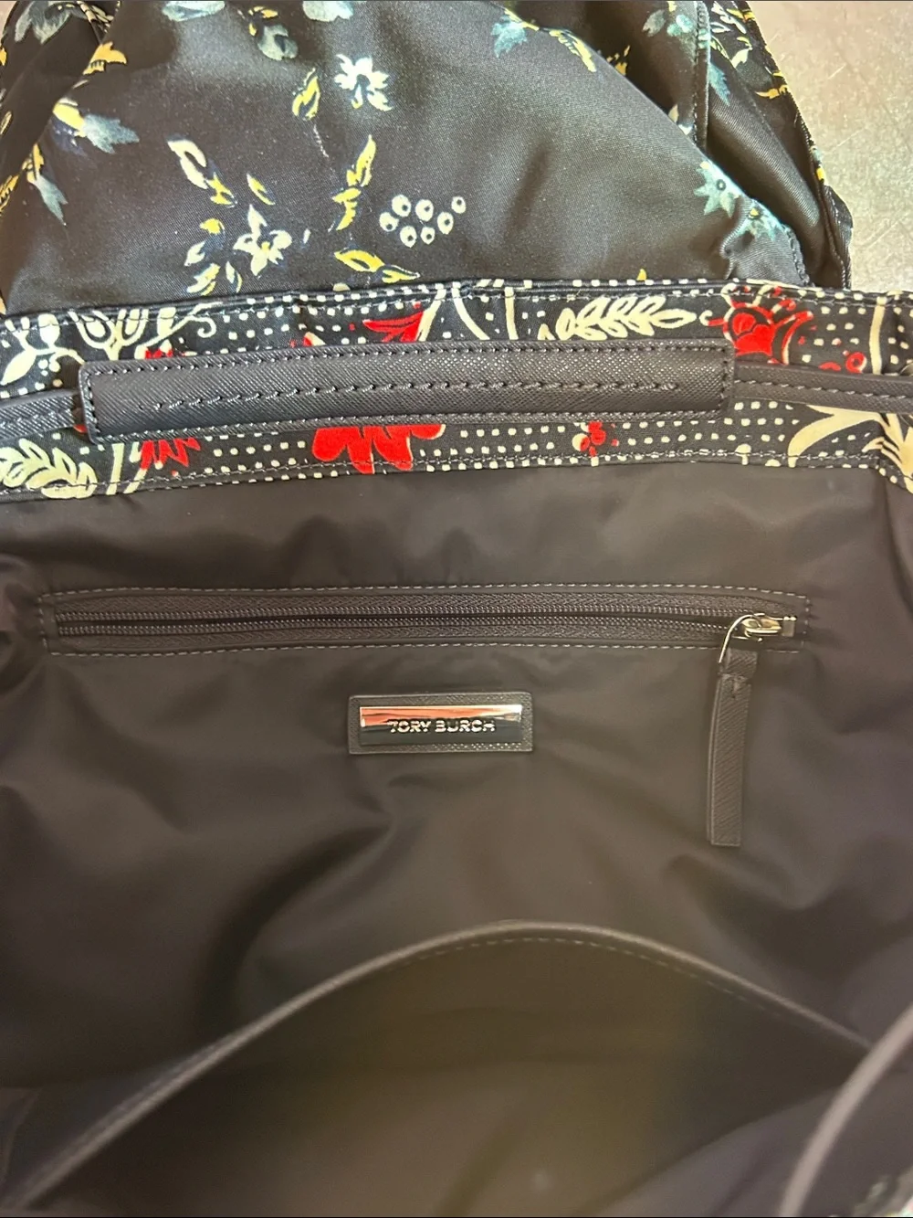 Tory Burch Black Floral Drawstring Backpack with Red and Cream Blooms